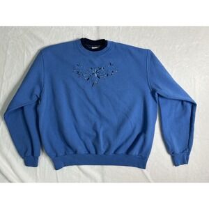 VTG Morning Sun Blue Floral Embroidered Pullover Sweatshirt Women's Size L